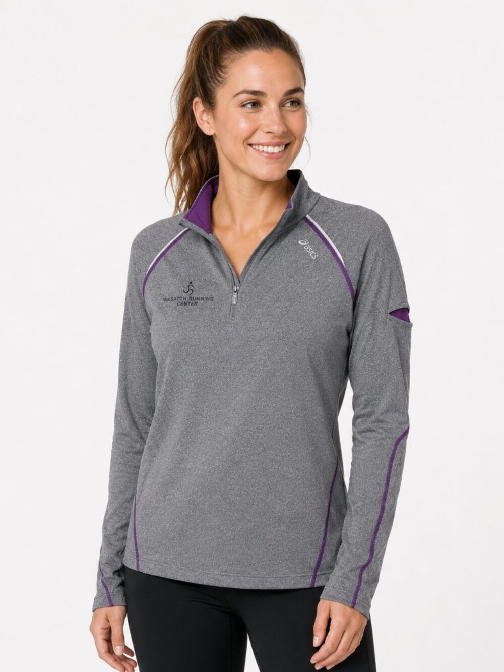 ASICS Womens M Gray Purple Quarter Zip Running Pullover With Company Logo